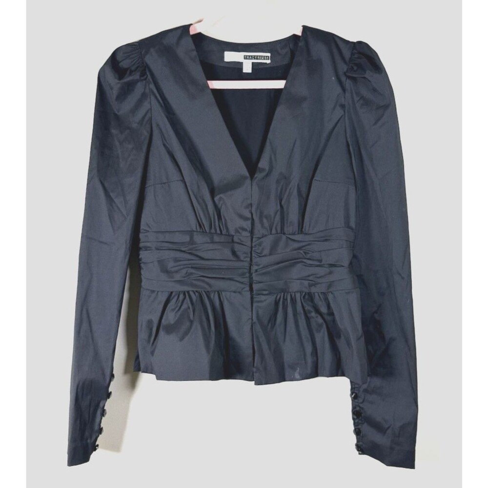 Tracy Reese Black Ruched Peplum Top Blazer Jacket Puff Sleeve V-Neck Blouse 6